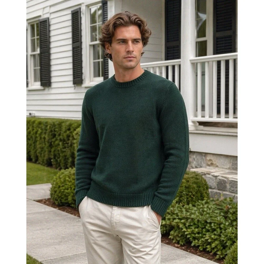 J‎ Crew Mens XXL Green Premium Basket-stitch Cotton Crewneck Sweater